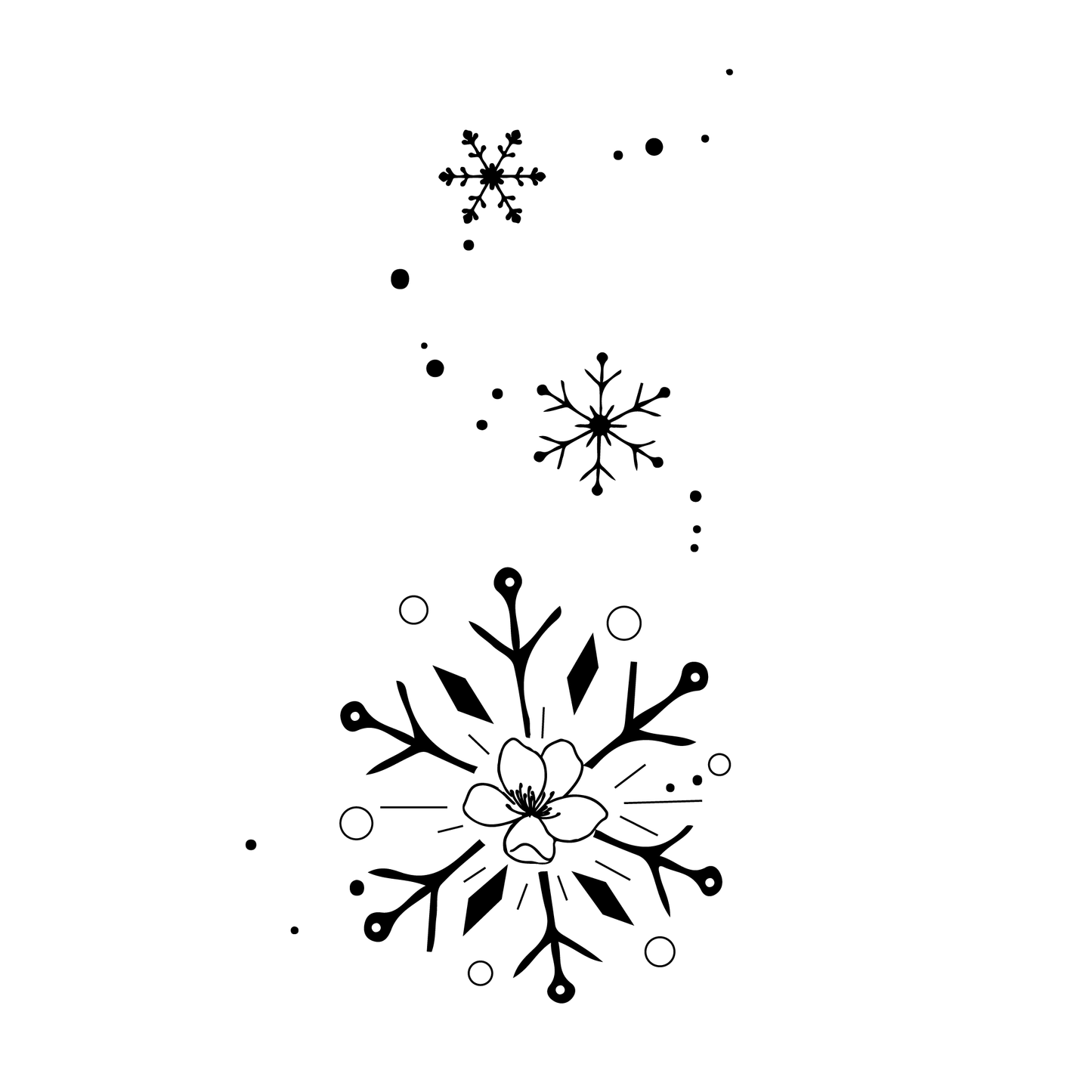 SteezyInk Snowflake temporary tattoo, 2 x 4 inch. Black ink snowflake design with a floral center, elegant winter art.