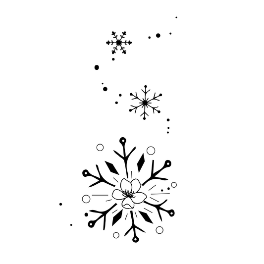 SteezyInk Snowflake temporary tattoo, 2 x 4 inch. Black ink snowflake design with a floral center, elegant winter art.