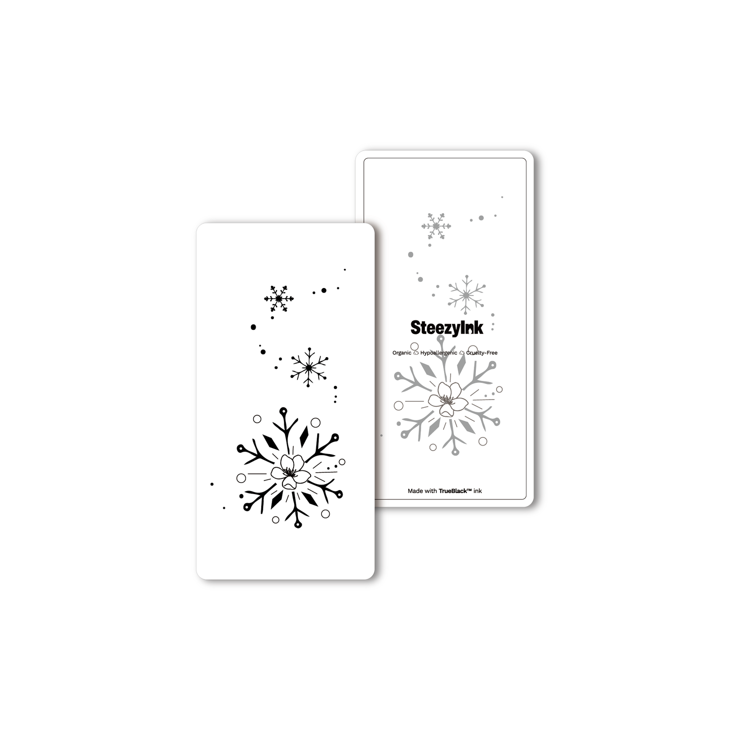 Snowflake temporary tattoo design featuring black Pure Black Ink™, snowflake, floral center.
