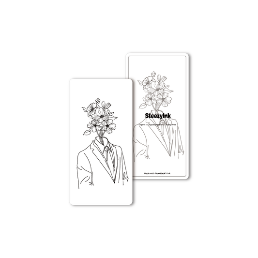 Mind Bloom temporary tattoo design. Floral head in suit, plant-based Pure Black Ink™, semi-permanent body art.