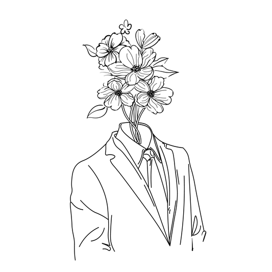 Mind Bloom temporary tattoo design - floral head on a suit, black and white line art