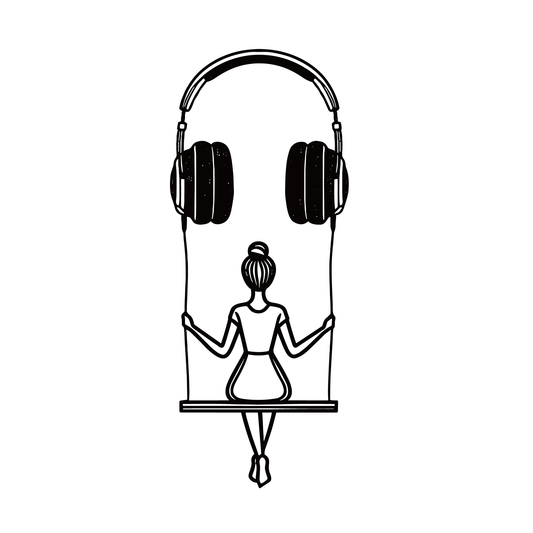 Audio Oasis temporary tattoo design featuring a woman on a swing formed by headphones, reflecting music's tranquility.
