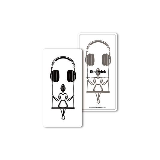 Audio Oasis Temporary Tattoo, woman on swing headphones, Pure Black Ink™