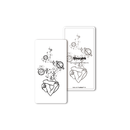 Cosmic Thoughts temporary tattoo design with planets and stars, made with Pure Black Ink™