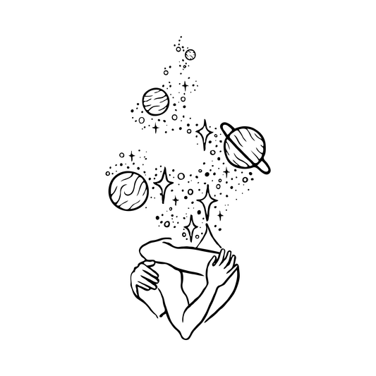 Cosmic Thoughts temporary tattoo design featuring planets and stars, SteezyInk