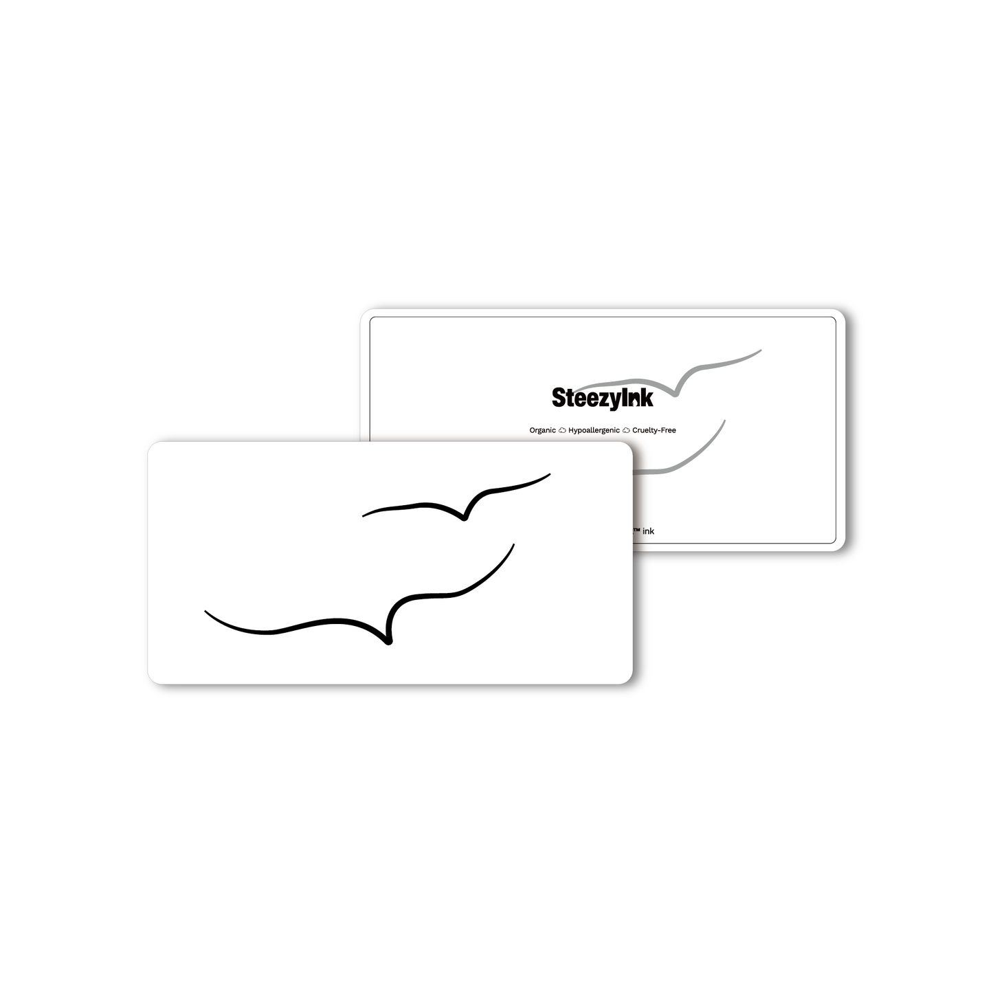 SteezyInk Fly Away Temporary Tattoo, black birds in flight design on white card, organic, hypoallergenic, cruelty-free.