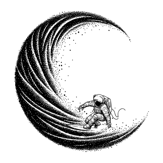 Interstellar Surf Temporary Tattoo design featuring an astronaut surfing a stippled black wave