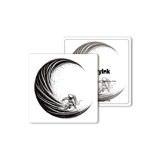Interstellar Surf temporary tattoo, astronaut surfing stippled wave, Pure Black Ink™