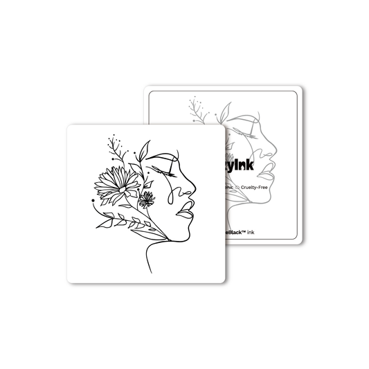 Nature's Reflection temporary tattoo with woman's face and flowers, using Pure Black Ink™.