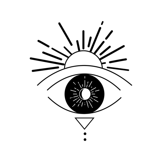 Lunar Vision temporary tattoo design featuring an eye, moon, and sun in black ink. SteezyInk semi-permanent tattoo.