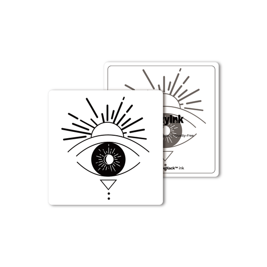SteezyInk Lunar Vision temporary tattoo featuring eye, moon, and sun design in black ink. Plant-based semi-permanent tattoo.
