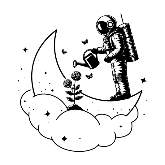 Moon Garden Temporary Tattoo design featuring an astronaut watering roses, perfect for self-expression.