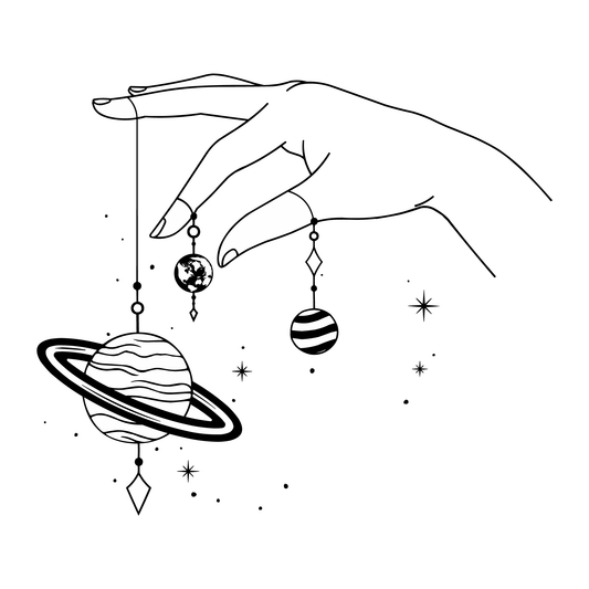 Cosmic Strings temporary tattoo design, featuring planets held by a hand, representing control and destiny.
