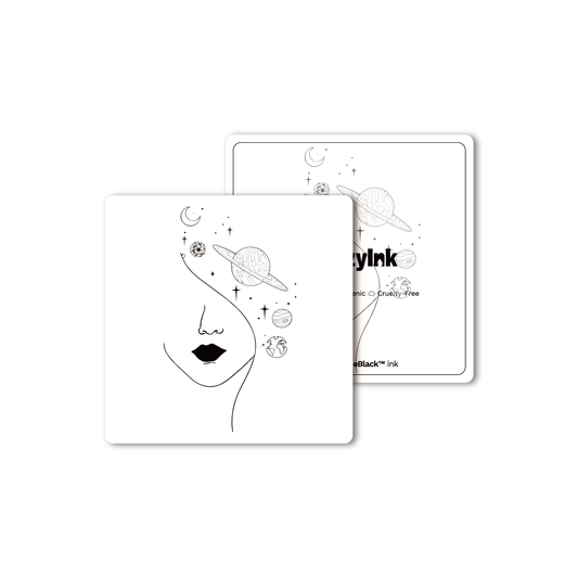 Celestial Half Temporary Tattoo - Abstract face with planets, Pure Black Ink™ design.
