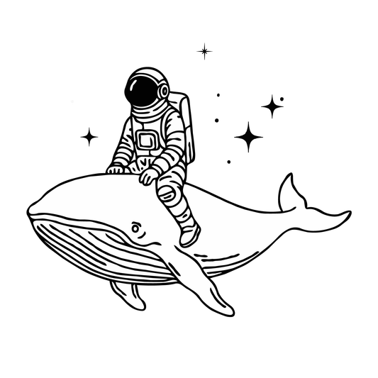 SteezyInk Space Whale Temporary Tattoo design, astronaut riding a whale in space with stars.