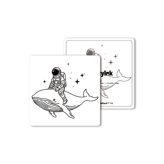 Space Whale temporary tattoo. Astronaut riding whale in space, Pure Black Ink™, 4x4 inch semi-permanent tattoo.