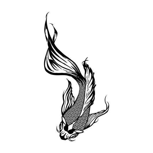 Black and white koi fish temporary tattoo design from SteezyInk, symbolizing resilience and strength
