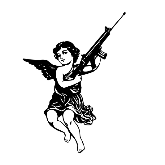 SteezyInk Angel Blicky temporary tattoo. Cherub with rifle, black ink design, up to two weeks wear