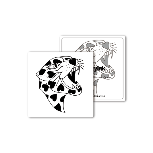 Love Leopard temporary tattoo, heart-spotted leopard head design in black Pure Black Ink™.