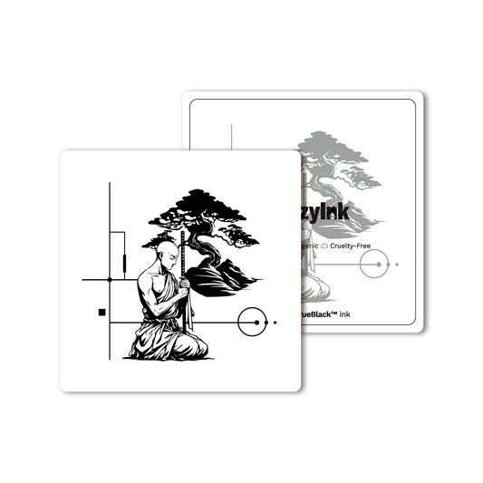 Zen Temporary Tattoo featuring a meditating monk with bonsai tree design, using Pure Black Ink™.