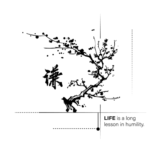 Japanese Tree Temporary Tattoo with Chinese Character Humility and Quote 'Life is a long lesson in humility'