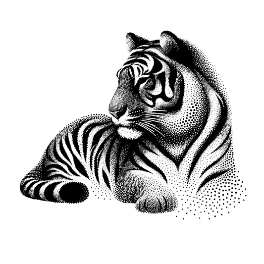 SteezyInk Resting Tiger temporary tattoo, dotwork design, showcasing confident and calm style.