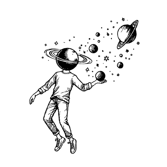 SteezyInk Orbiting Thoughts temporary tattoo design featuring a person with a planet head and space elements.