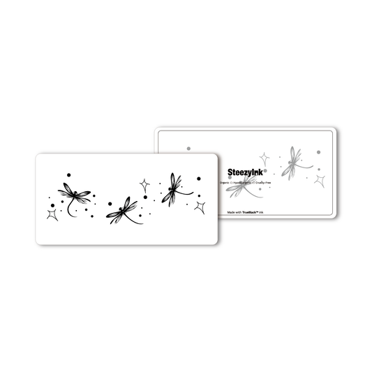 Dragonfly Dance Temporary Tattoo on white, elegant black dragonfly design, Made with Pure Black Ink™