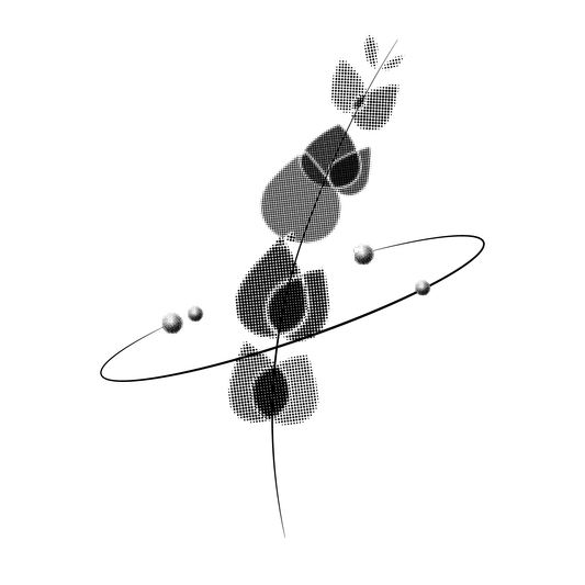 SteezyInk Flora Temporary Tattoo design: abstract black and white branch with dotted leaves and orbiting spheres.