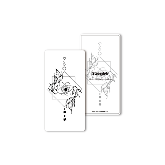 Quantum Koi temporary tattoo, geometric koi fish design with Pure Black Ink™, lasting 1-2 weeks.