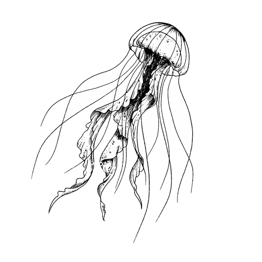 SteezyInk Jellyfish Drift Temporary Tattoo. Black and white illustration of a jellyfish design.
