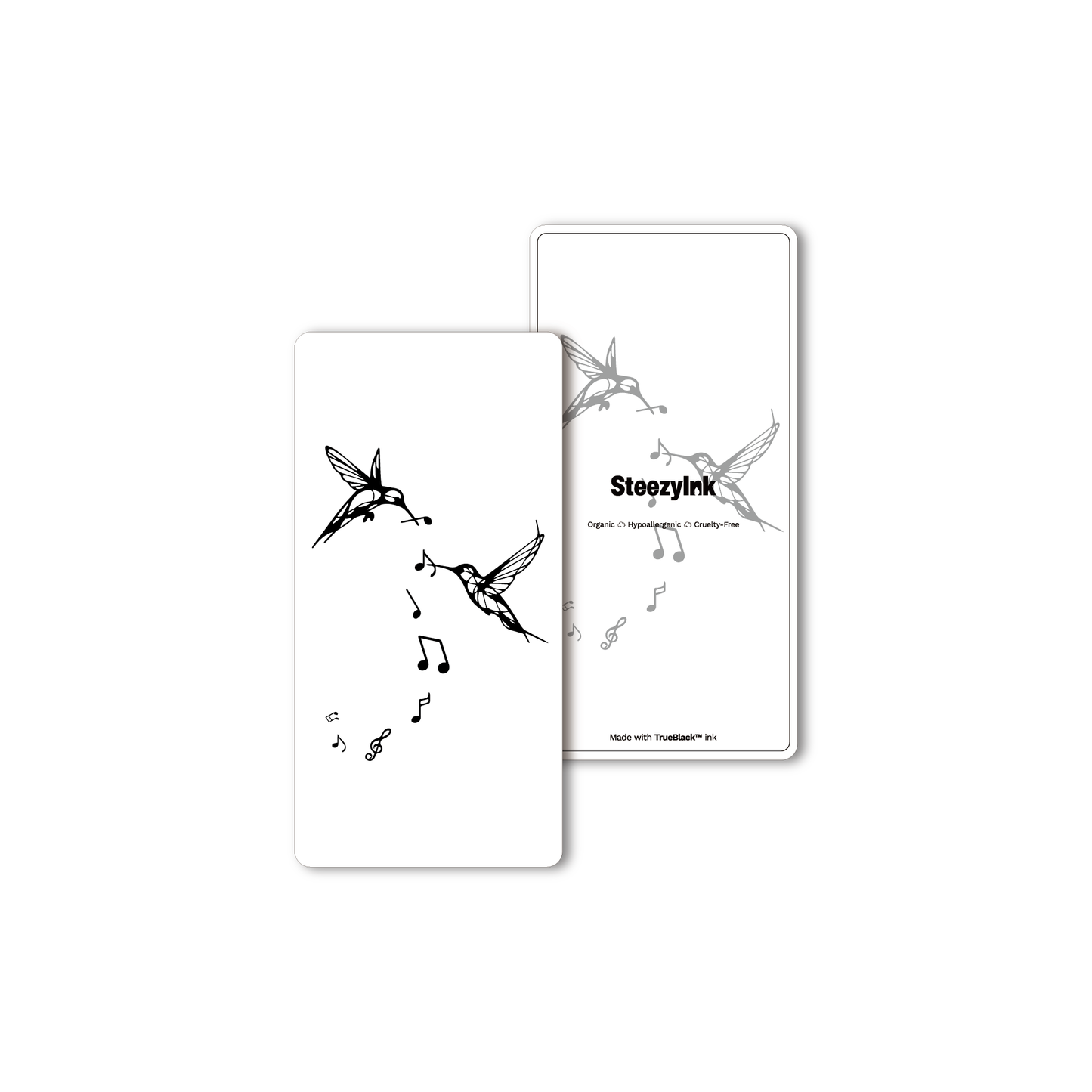 Song Bird Temporary Tattoo featuring hummingbirds and musical notes, made with Pure Black Ink™