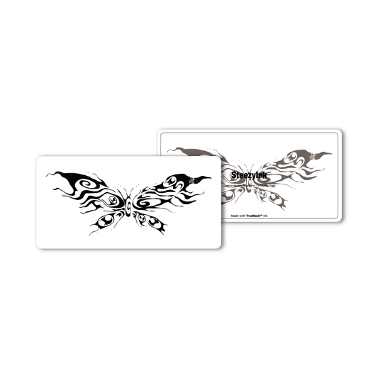 Hypnotic Butterfly Tattoo with Pure Black Ink™, swirling design, semi-permanent body art.