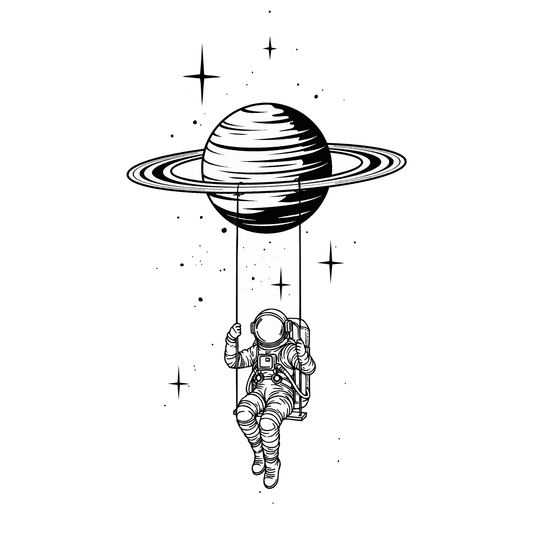SteezyInk Saturn Swing Temporary Tattoo. Astronaut swinging from Saturn in black and white.