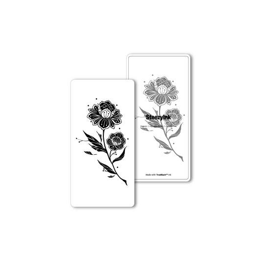 Peony temporary tattoo design featuring blooming black peony flowers, Pure Black Ink™, lasts up to two weeks.