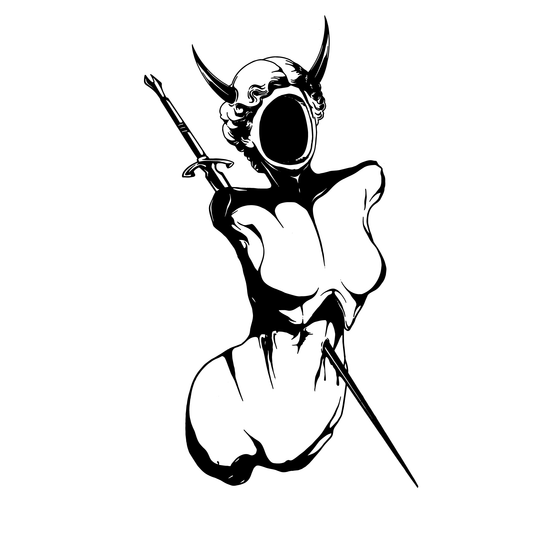 No Face Temporary Tattoo, a stylized figure with a sword in Pure Black Ink™, lasting up to two weeks.
