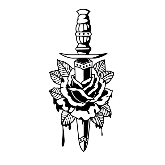 SteezyInk Rose Dagger Temporary Tattoo: Black and white design of a dagger piercing a rose, classic bold look.