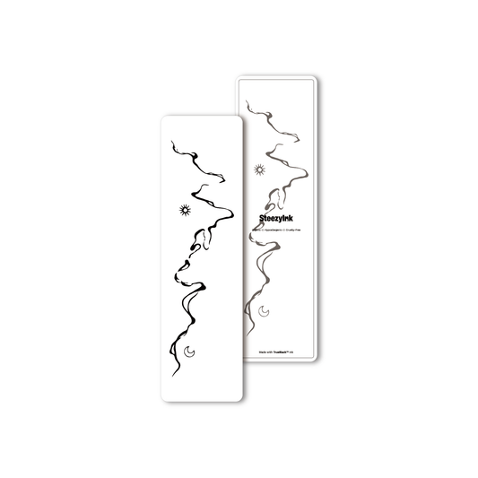 Flow Through Temporary Tattoo design with abstract wavy lines, sun, and moon symbols in Pure Black Ink™