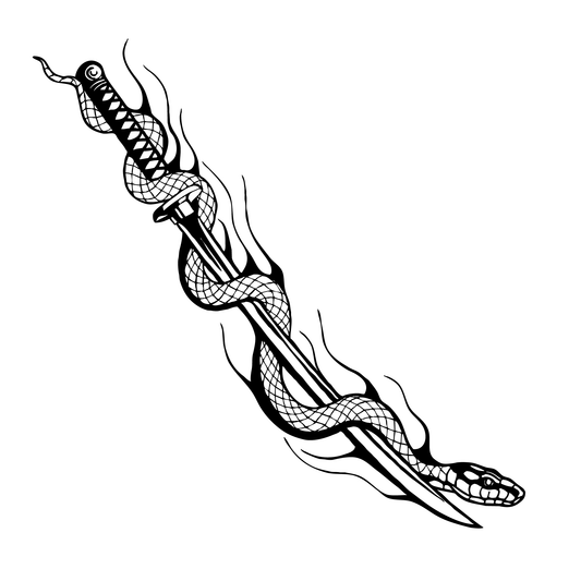 SteezyInk Katana Snake temporary tattoo design, black and white, snake and sword with flames.