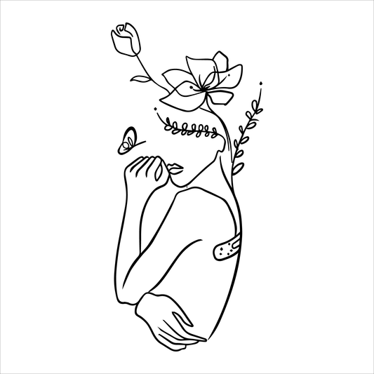 SteezyInk Healing tattoo: Black line art woman design with floral, butterfly, and bandage elements.