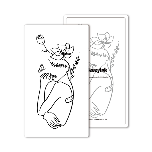 Temporary tattoo with Pure Black Ink™ featuring line art woman, floral and butterfly design