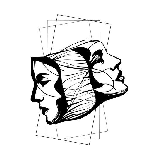 Layered Minds temporary tattoo design in black and white, abstract overlapping faces
