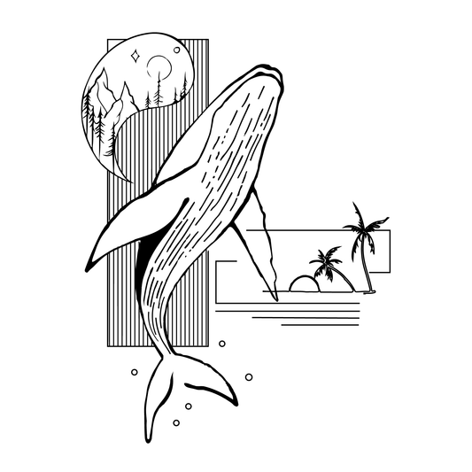 SteezyInk Whale's Dream temporary tattoo design, black whale with mountain, sea, and palm tree elements.
