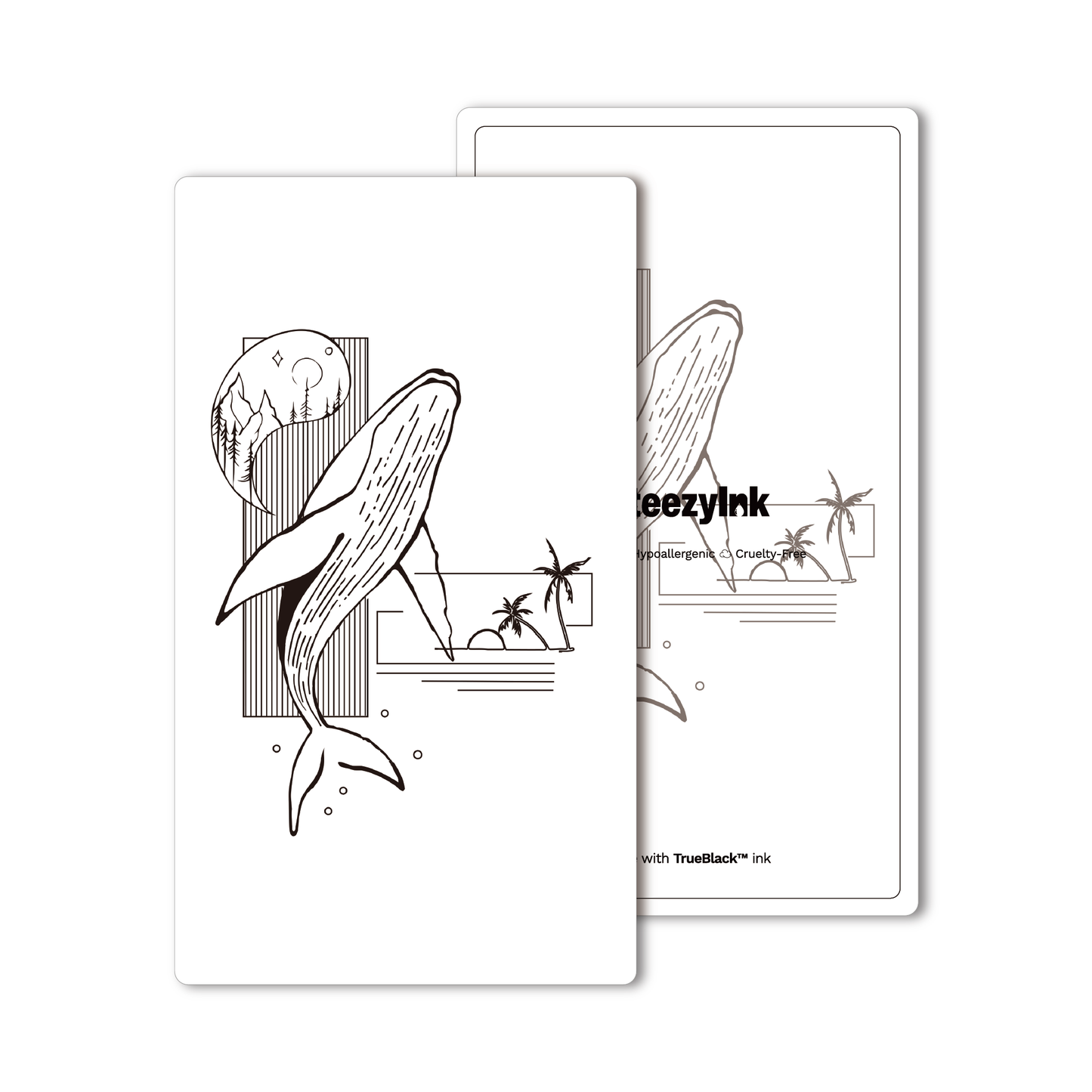 Whale's Dream tattoo featuring whale, mountain, sea, and palm tree elements, made with Pure Black Ink™