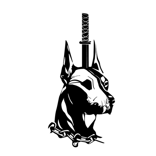 SteezyInk Doberman's head with katana blade temporary tattoo. Bold black design, up to two weeks wear.