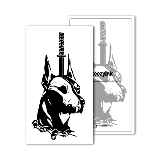 Doberman's Blade temporary tattoo, bold black design with Pure Black Ink™, lasts up to two weeks