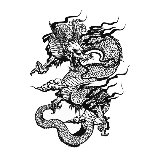 SteezyInk Dragon Temporary Tattoo - Detailed black and white design, skin-safe semi-permanent body art.