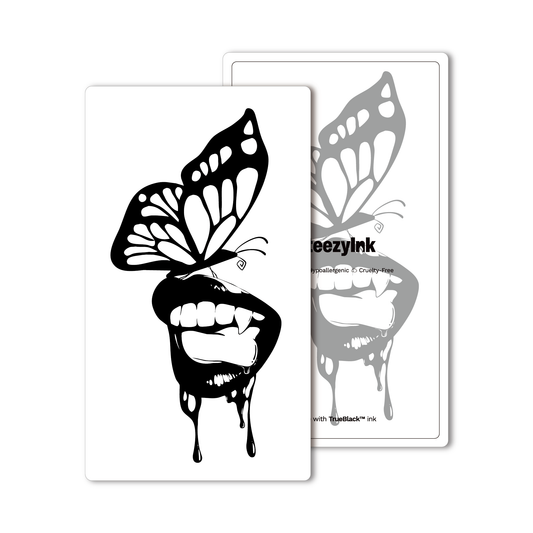 Butterfly Lips Temporary Tattoo with Pure Black Ink™, black butterfly above fanged mouth, 4x7 inch.