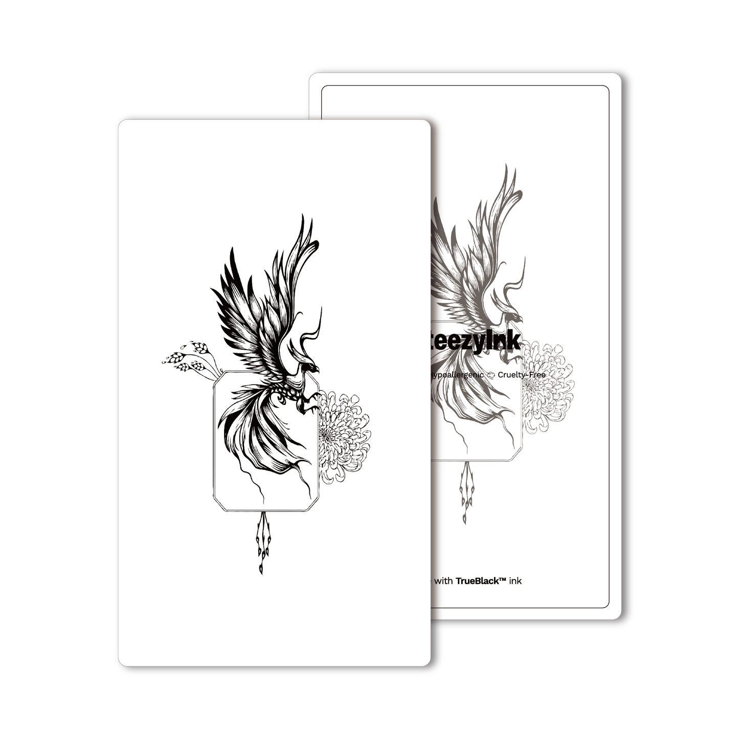 Phoenix Temporary Tattoo, black and white design, floral details. Pure Black Ink™ for up to 2 weeks wear.