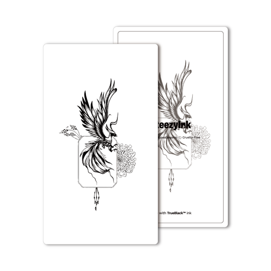 Phoenix Temporary Tattoo, black and white design, floral details. Pure Black Ink™ for up to 2 weeks wear.